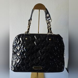 Betsy Johnson Black Patent Leather Handbag Quilted Hearts